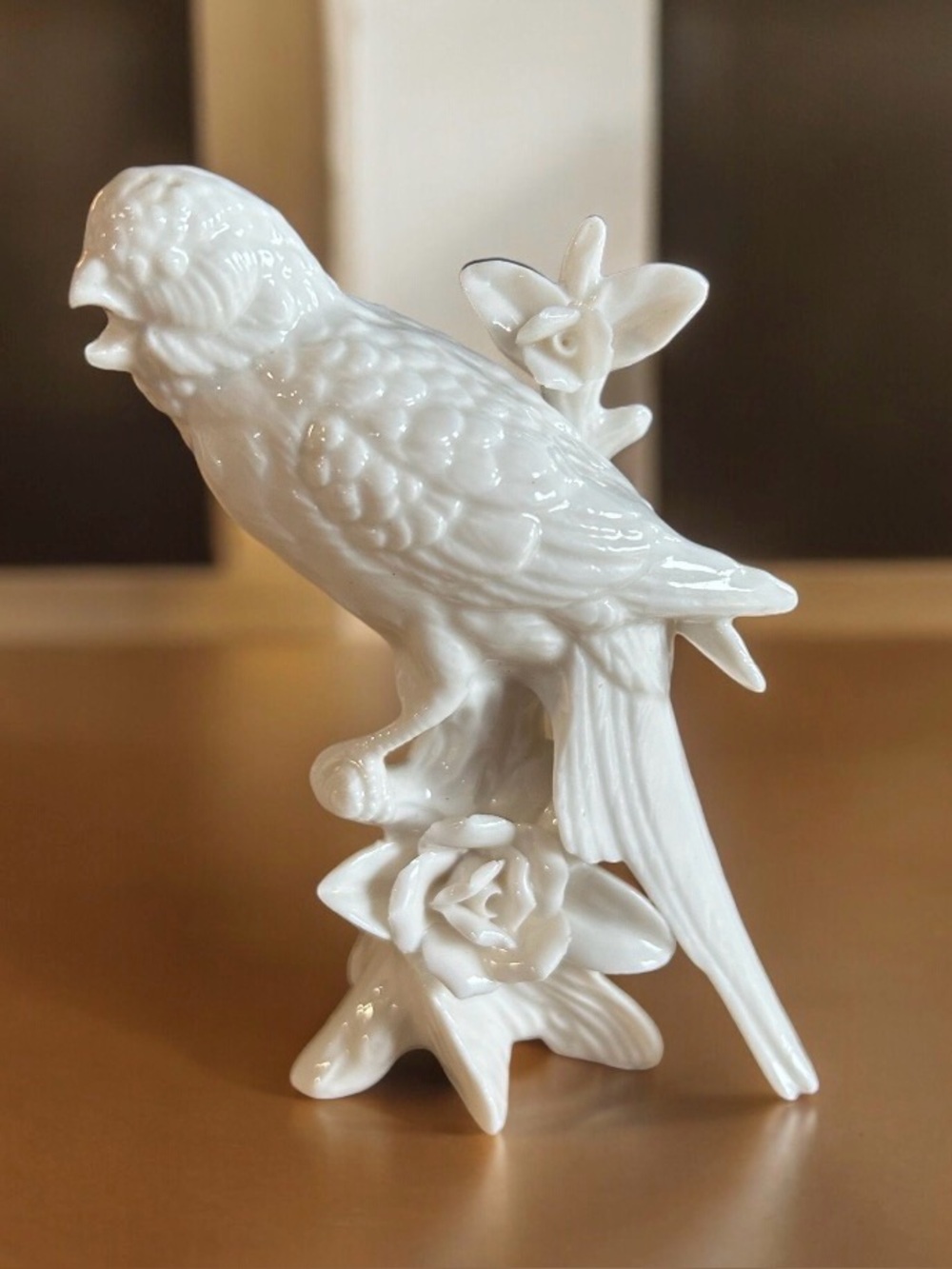 Vintage White Porcelain Bird on Flower Tree Branch Beautiful Features 5”